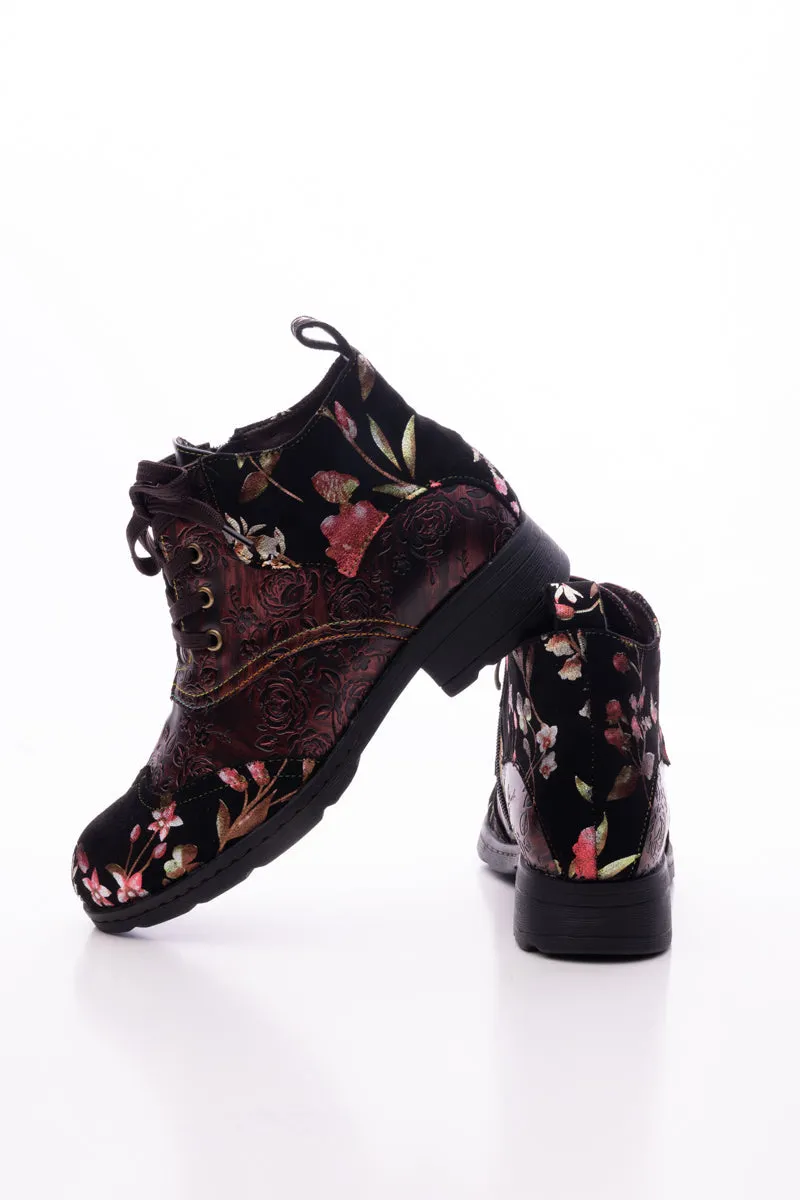 Jordie Floral Embossed Leather Combat Boots - Red