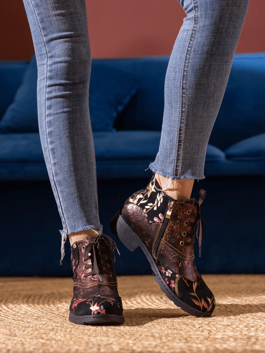 Jordie Floral Embossed Leather Combat Boots - Red