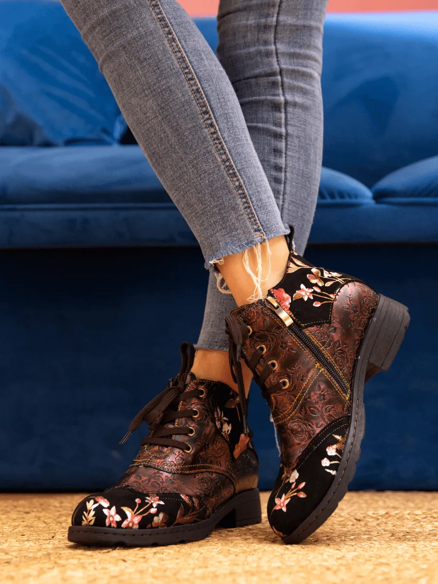 Jordie Floral Embossed Leather Combat Boots - Red