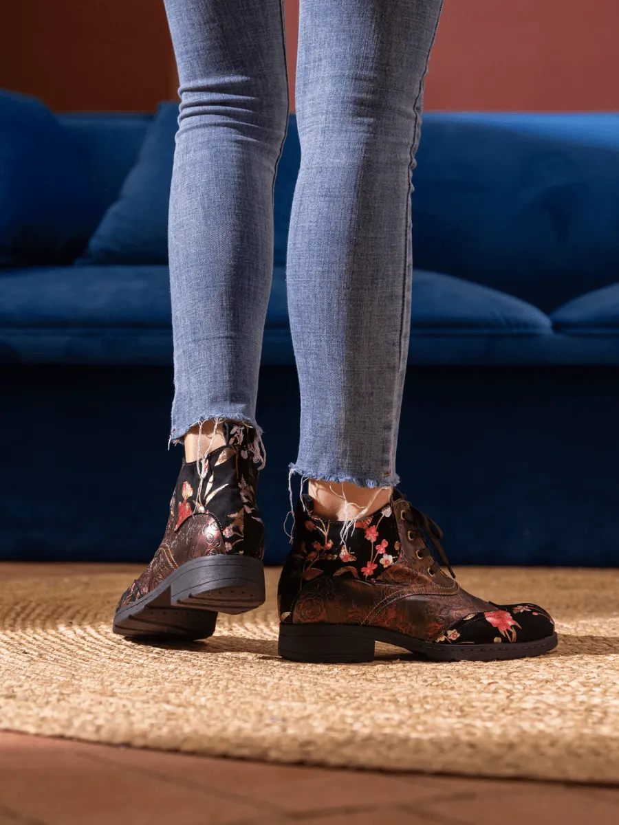 Jordie Floral Embossed Leather Combat Boots - Red