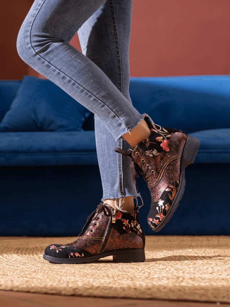 Jordie Floral Embossed Leather Combat Boots - Red