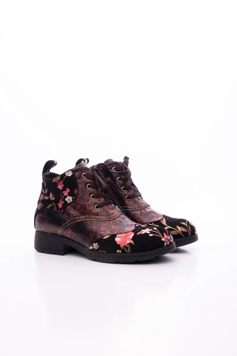 Jordie Floral Embossed Leather Combat Boots - Red