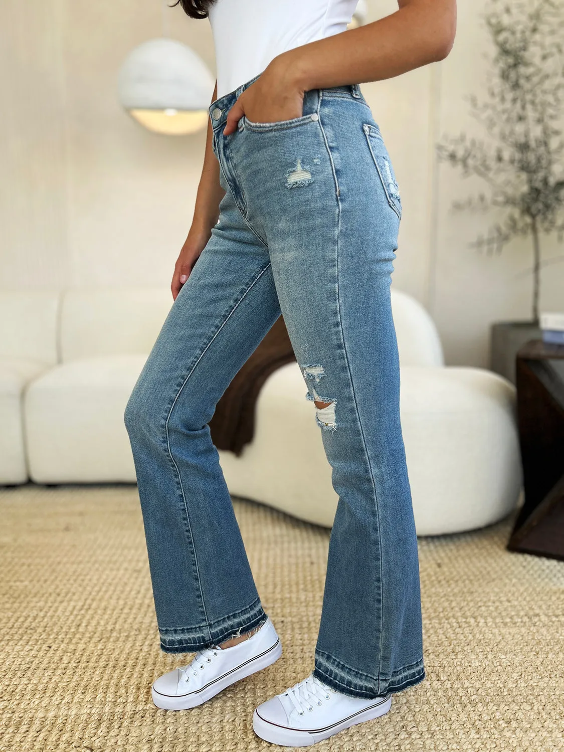 Judy Blue Mid Rise Destroyed Hem Distressed Jeans - Online Exclusive