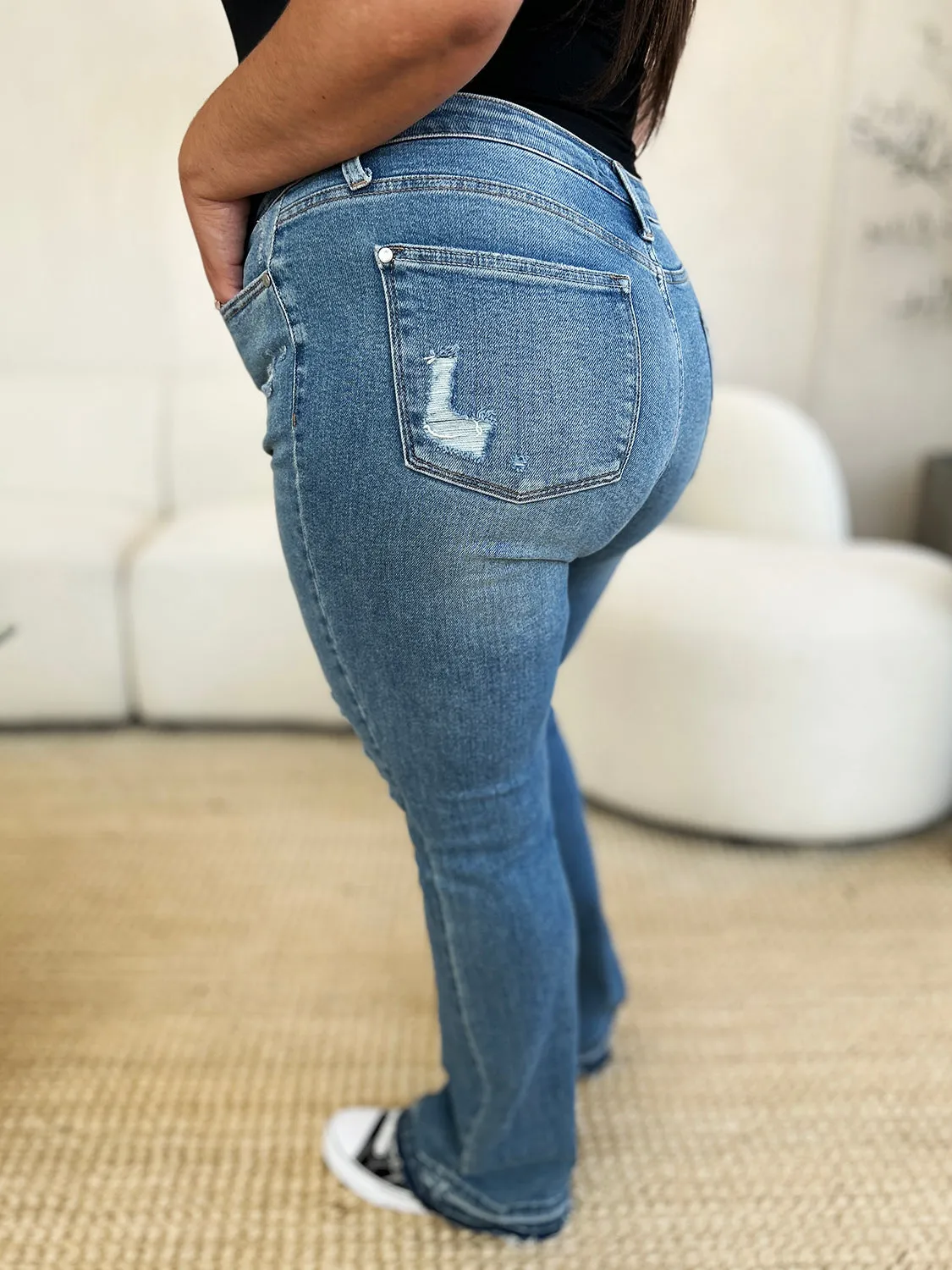 Judy Blue Mid Rise Destroyed Hem Distressed Jeans - Online Exclusive