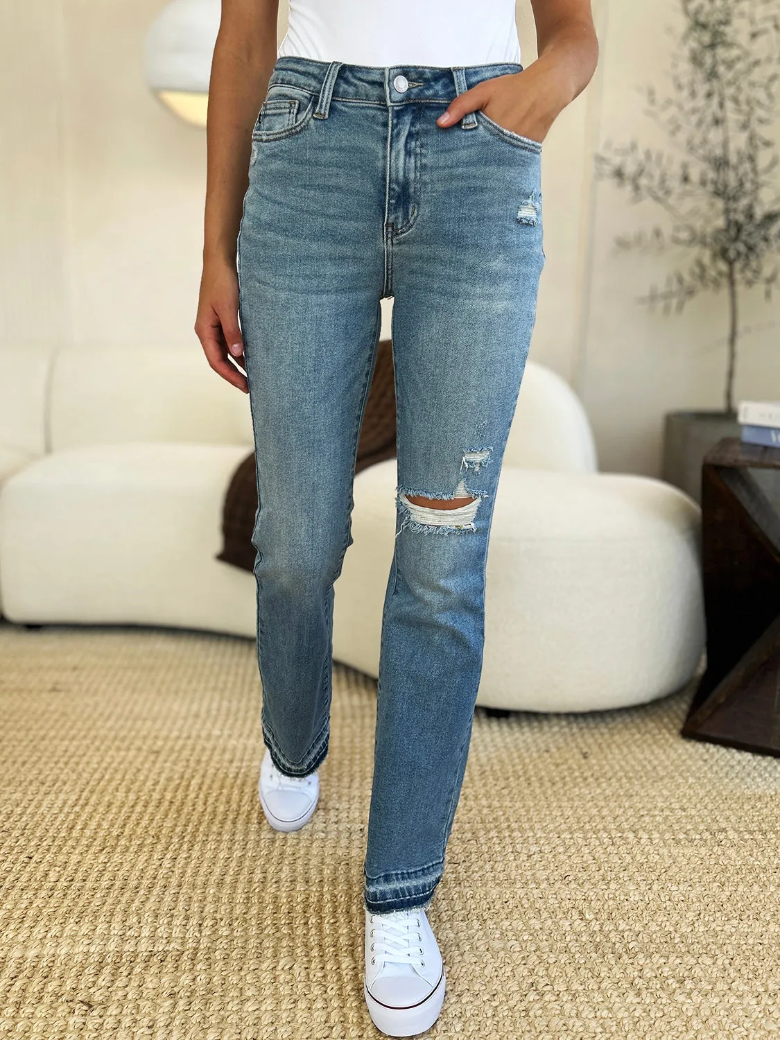 Judy Blue Mid Rise Destroyed Hem Distressed Jeans - Online Exclusive