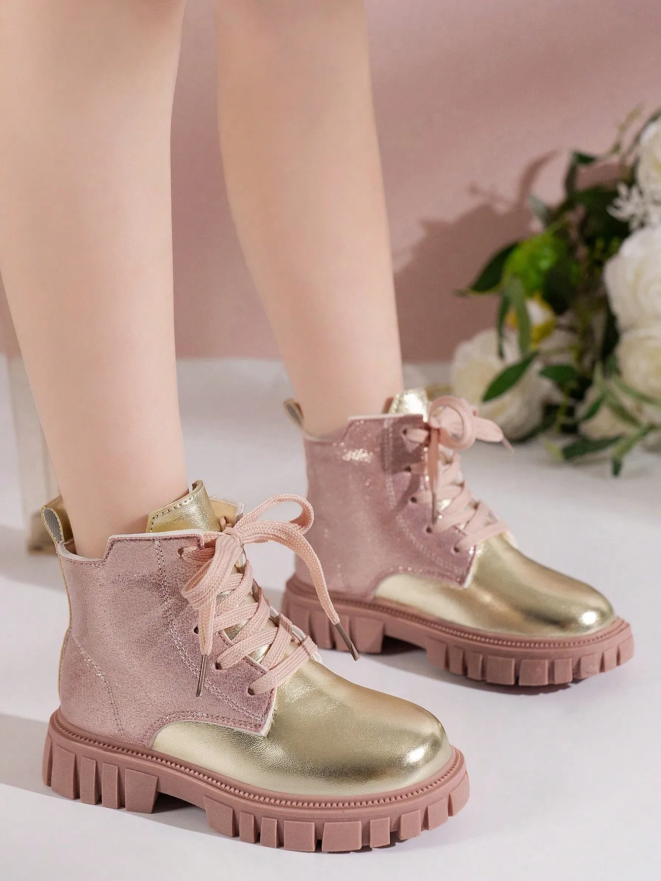 Kids Two Tone Lace Up Combat Boots-FD