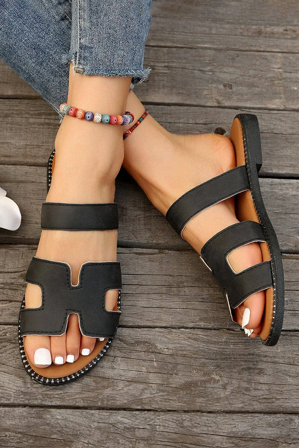Leather Flat Slides Sandals