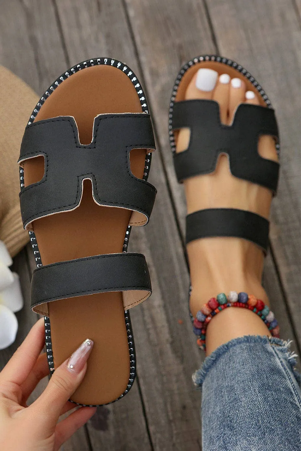 Leather Flat Slides Sandals