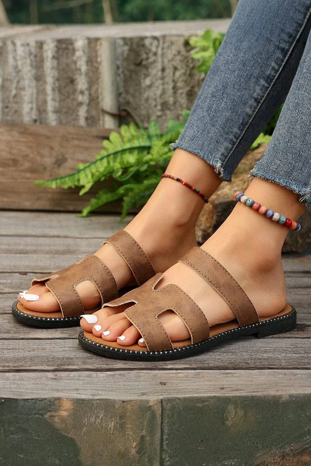 Leather Flat Slides Sandals