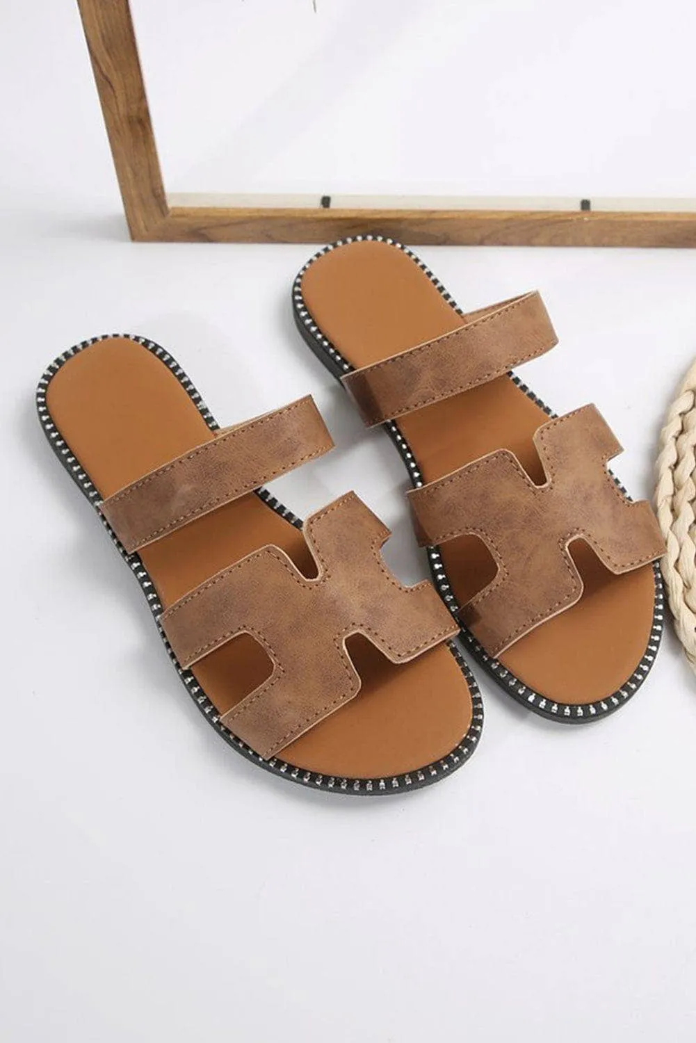 Leather Flat Slides Sandals