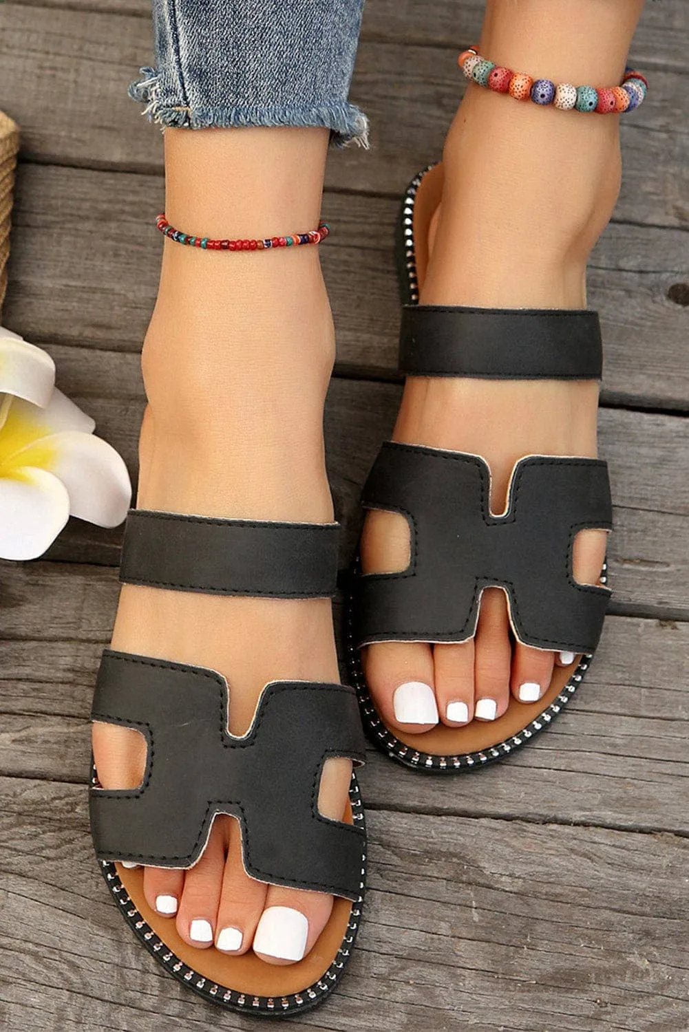 Leather Flat Slides Sandals