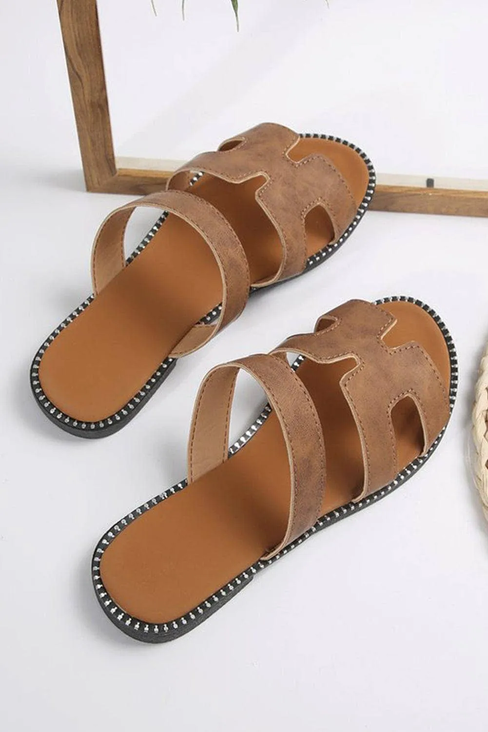 Leather Flat Slides Sandals