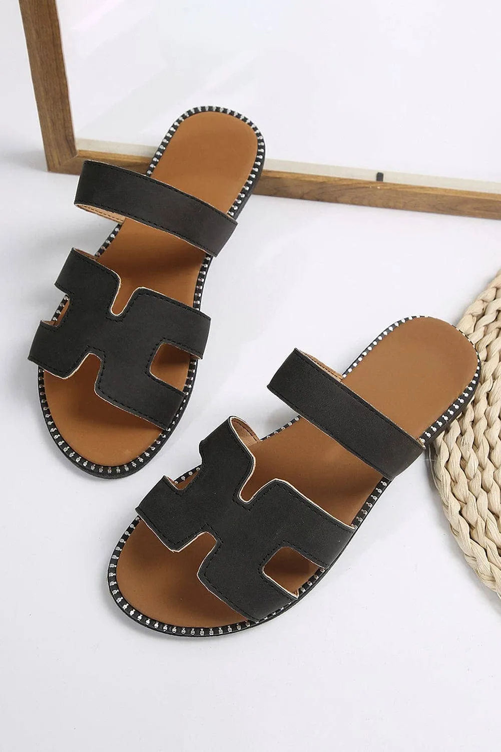 Leather Flat Slides Sandals