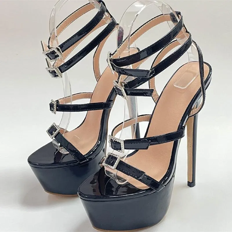 Liyke Fashion Open Toe Crystal Buckle Stiletto High Heels Platform Sandals for Women