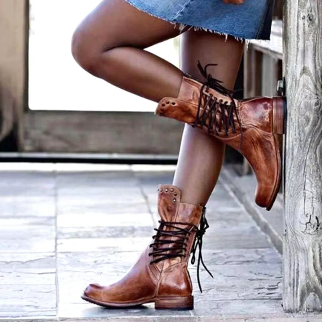 Mason | Women’s Vintage Leather Ankle Boots – Low Heel Lace-Up Combat Style