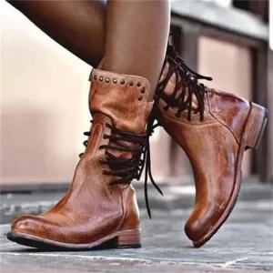 Mason | Women’s Vintage Leather Ankle Boots – Low Heel Lace-Up Combat Style
