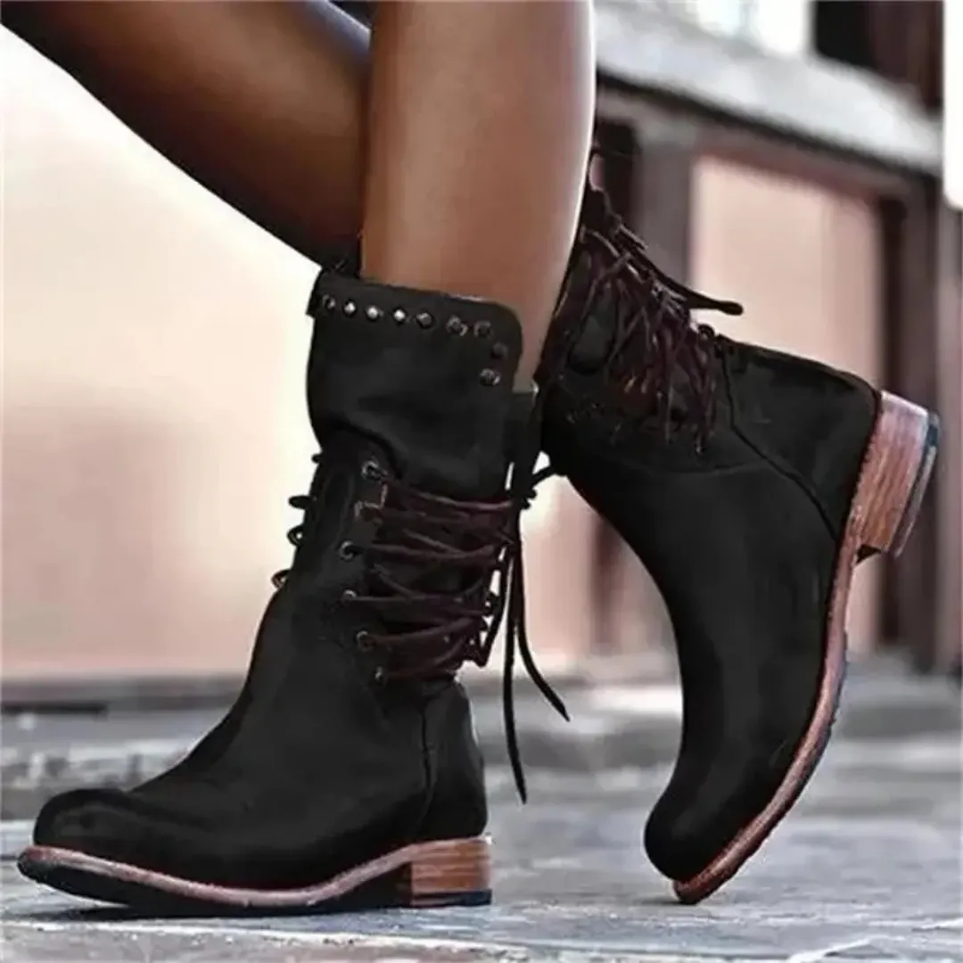 Mason | Women’s Vintage Leather Ankle Boots – Low Heel Lace-Up Combat Style