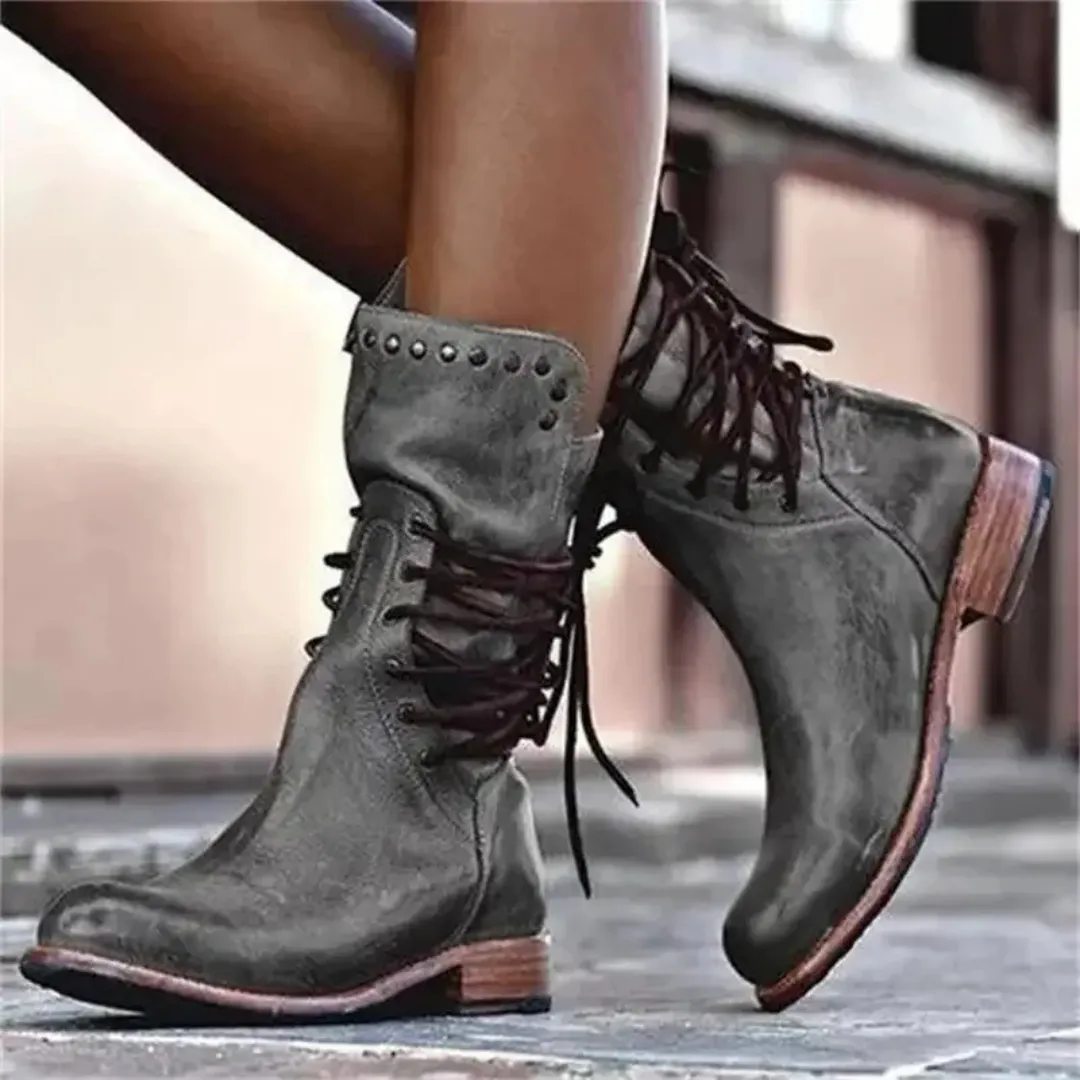 Mason | Women’s Vintage Leather Ankle Boots – Low Heel Lace-Up Combat Style
