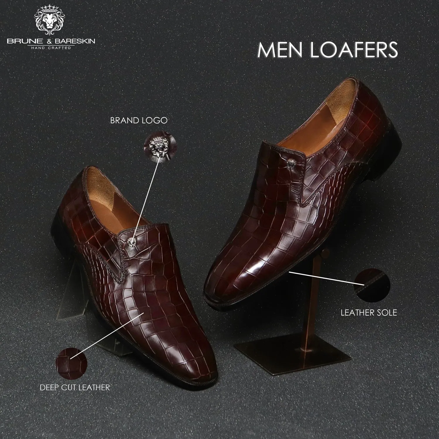Men Italian Loafer with Dark Brown Deep Cut Croco Textured Leather