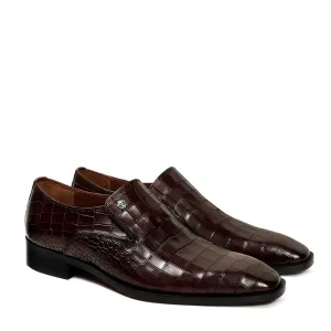 Men Italian Loafer with Dark Brown Deep Cut Croco Textured Leather
