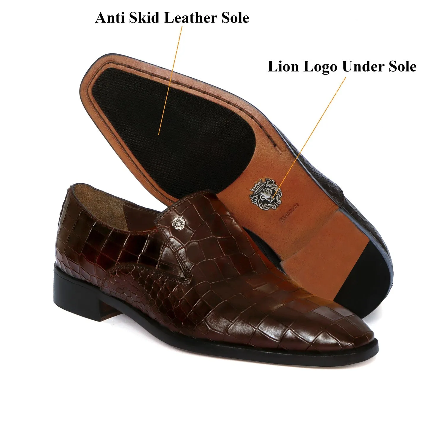 Men Italian Loafer with Dark Brown Deep Cut Croco Textured Leather