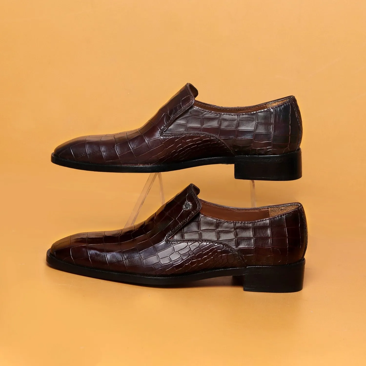 Men Italian Loafer with Dark Brown Deep Cut Croco Textured Leather