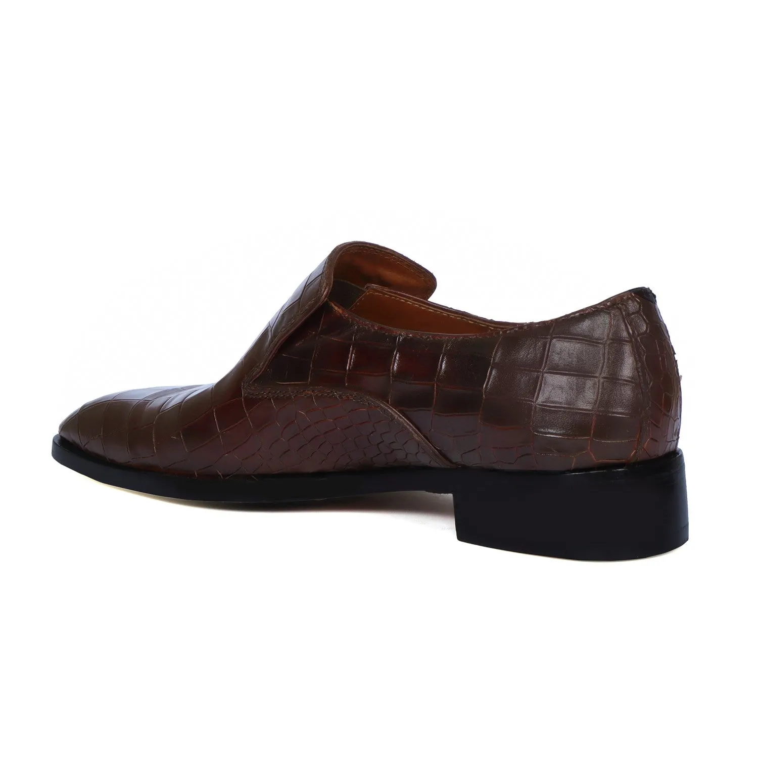 Men Italian Loafer with Dark Brown Deep Cut Croco Textured Leather