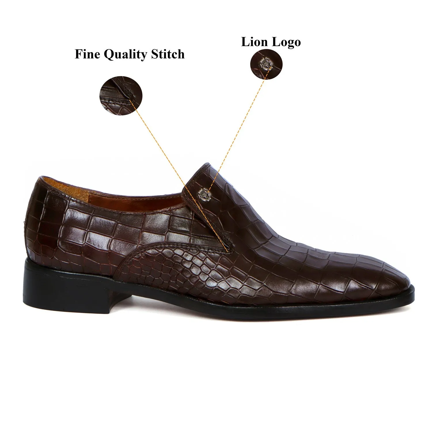 Men Italian Loafer with Dark Brown Deep Cut Croco Textured Leather