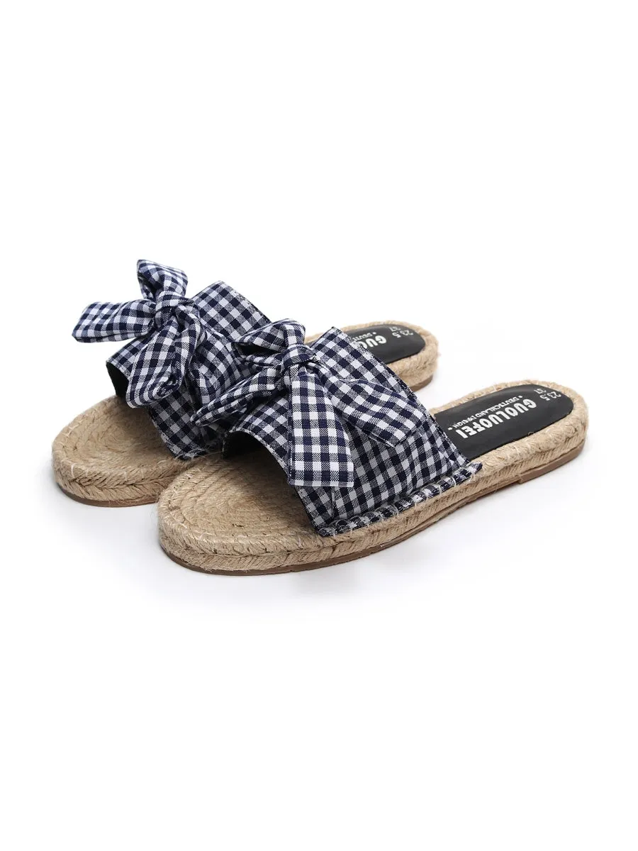 Navy Gingham Bow Straw Mat Slippers Slides Sandals