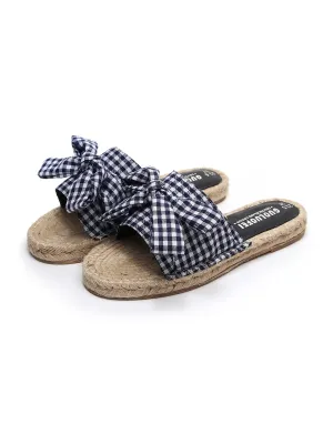 Navy Gingham Bow Straw Mat Slippers Slides Sandals