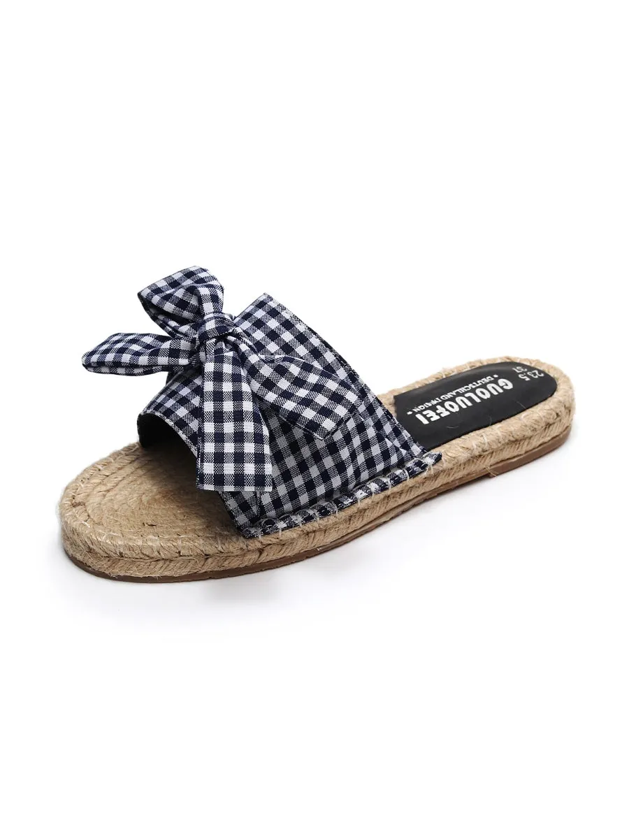 Navy Gingham Bow Straw Mat Slippers Slides Sandals