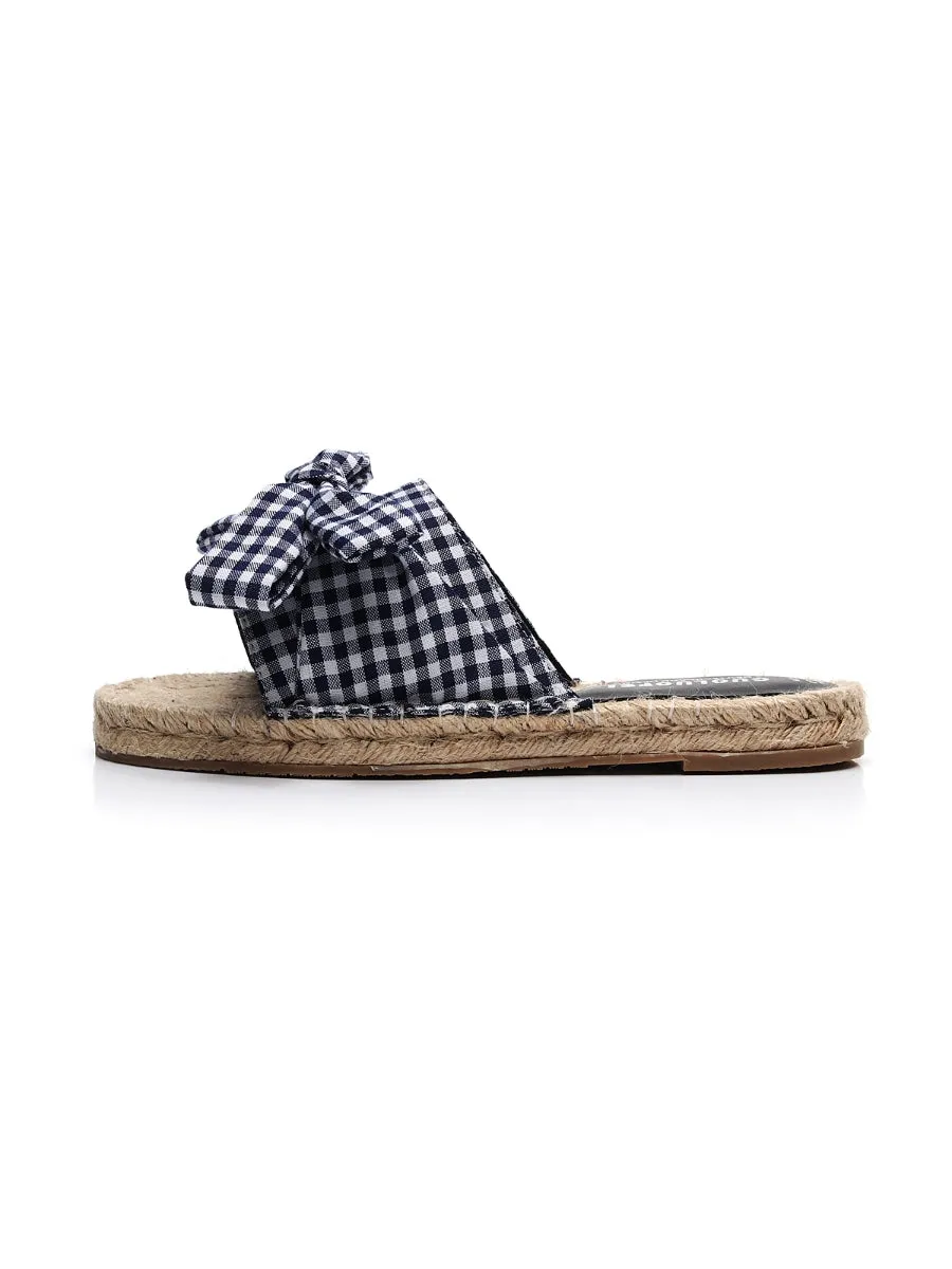 Navy Gingham Bow Straw Mat Slippers Slides Sandals