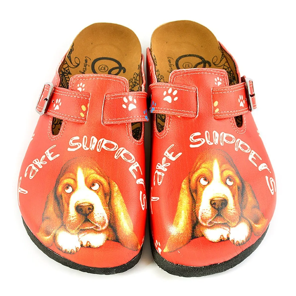 Red and White Colored Paw Pattern and Take Suppers Written, Brown Dog Patterned Clogs - WCAL349