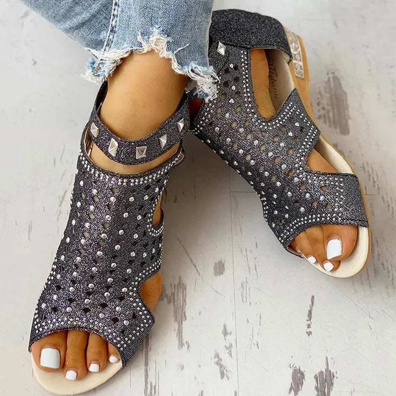 Rivet Detail Cutout Flat Sandals