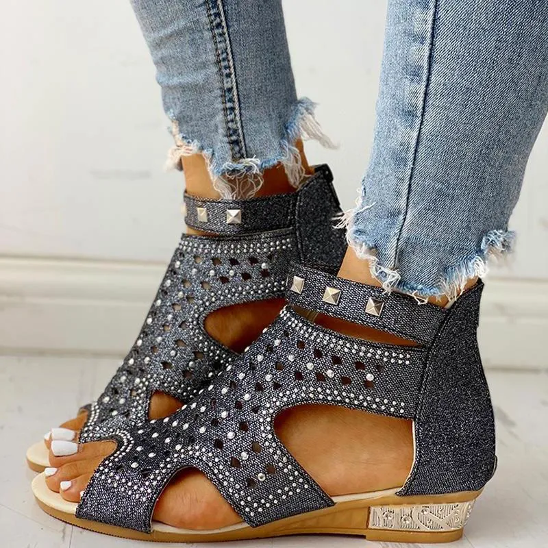Rivet Detail Cutout Flat Sandals
