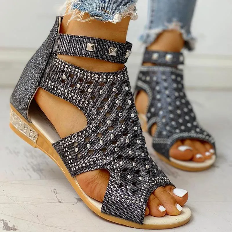Rivet Detail Cutout Flat Sandals