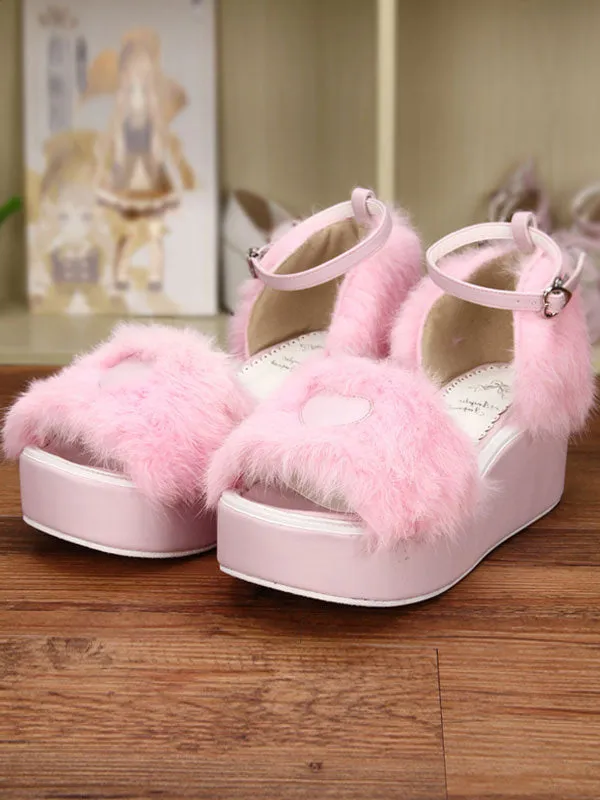 Sweet Pink Lolita Sandals Platform Fluffy Heart Shape Ankle Strap