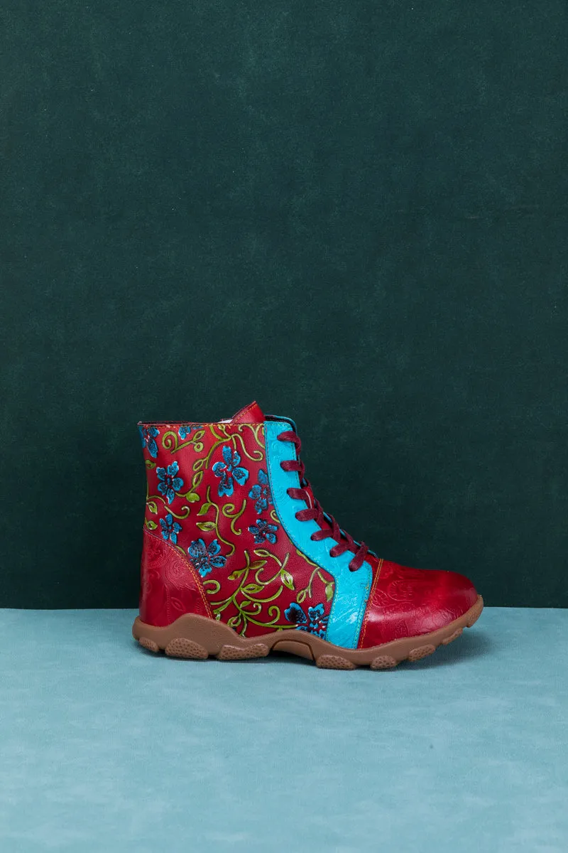 Swirl Floral Embossed Lace Up Leather Combat Boot