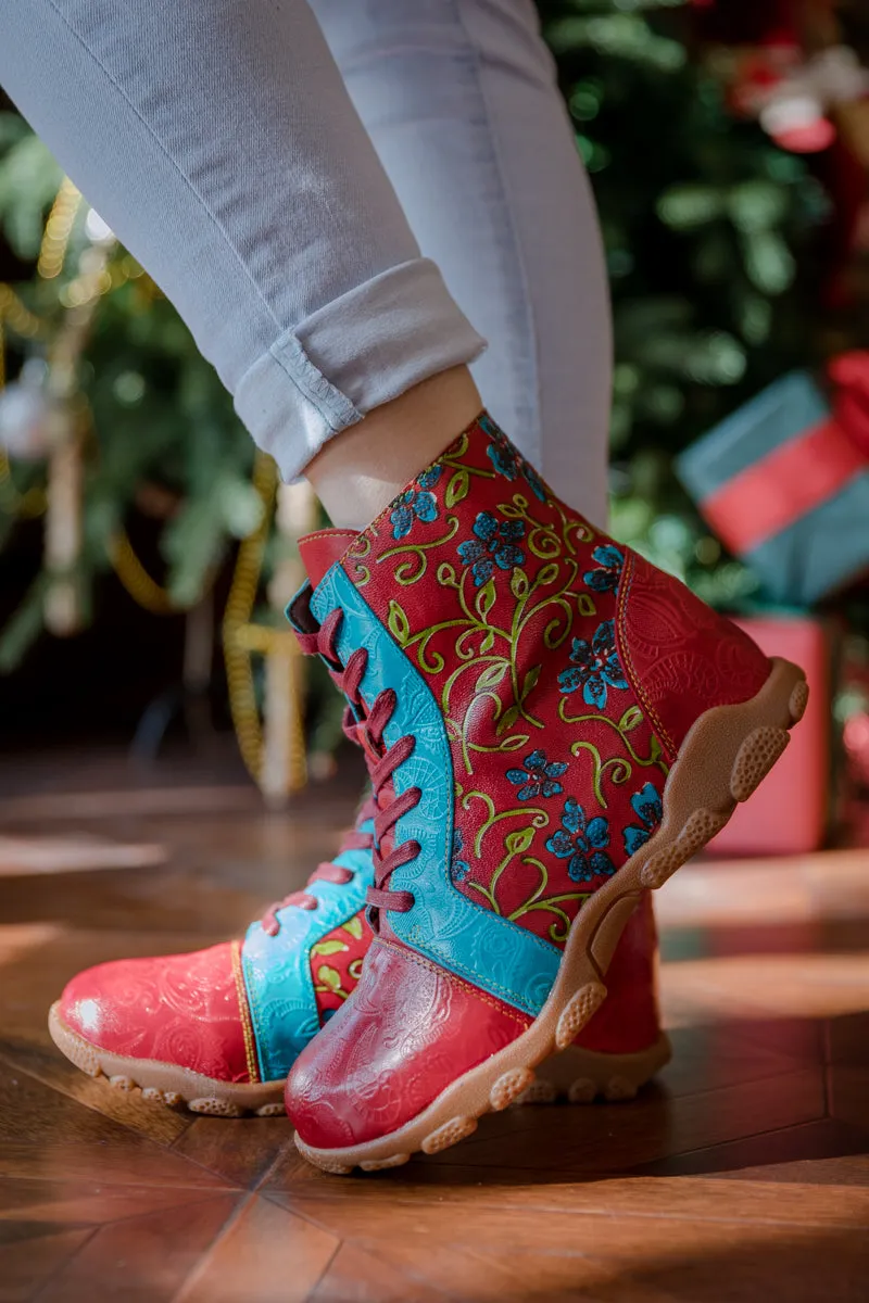 Swirl Floral Embossed Lace Up Leather Combat Boot
