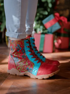 Swirl Floral Embossed Lace Up Leather Combat Boot