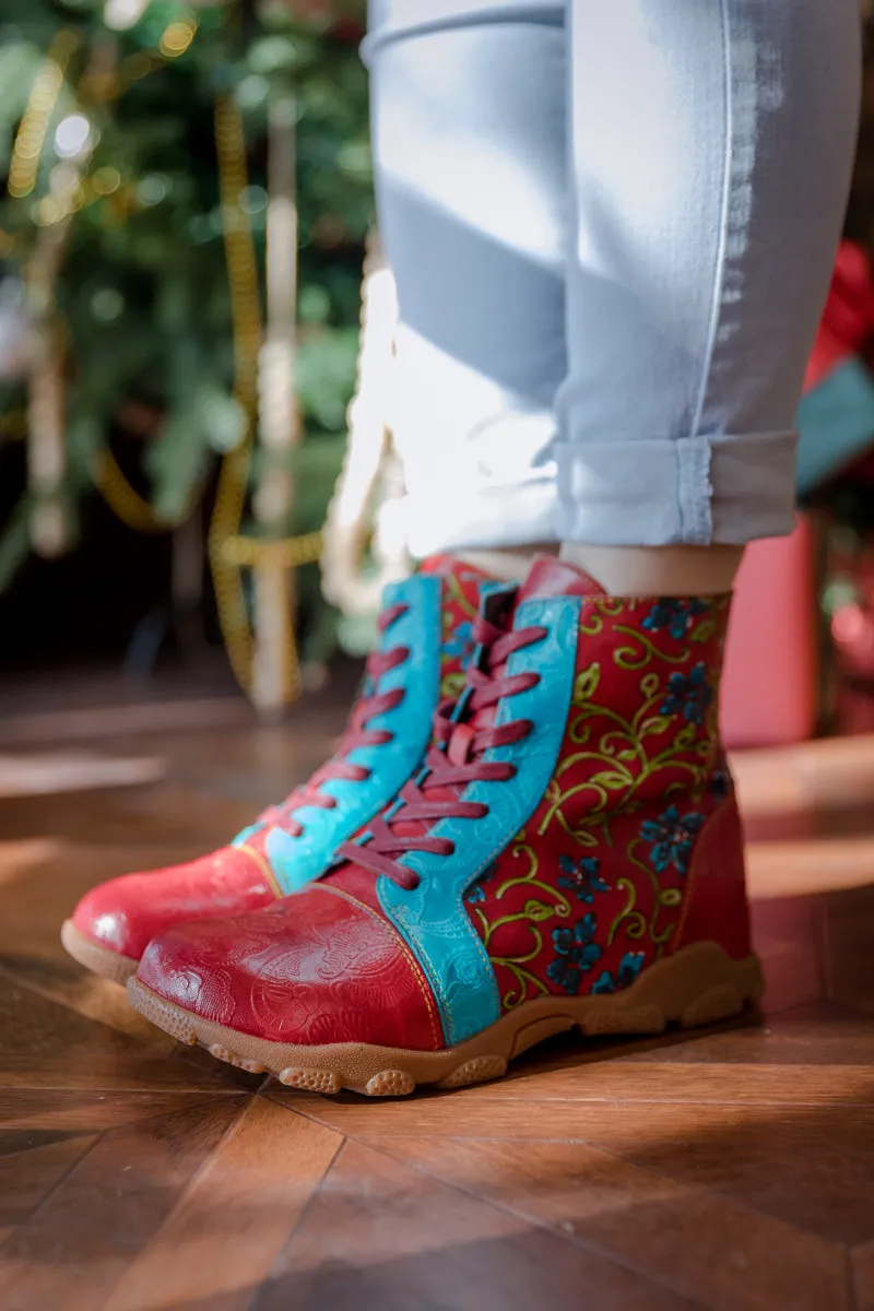 Swirl Floral Embossed Lace Up Leather Combat Boot