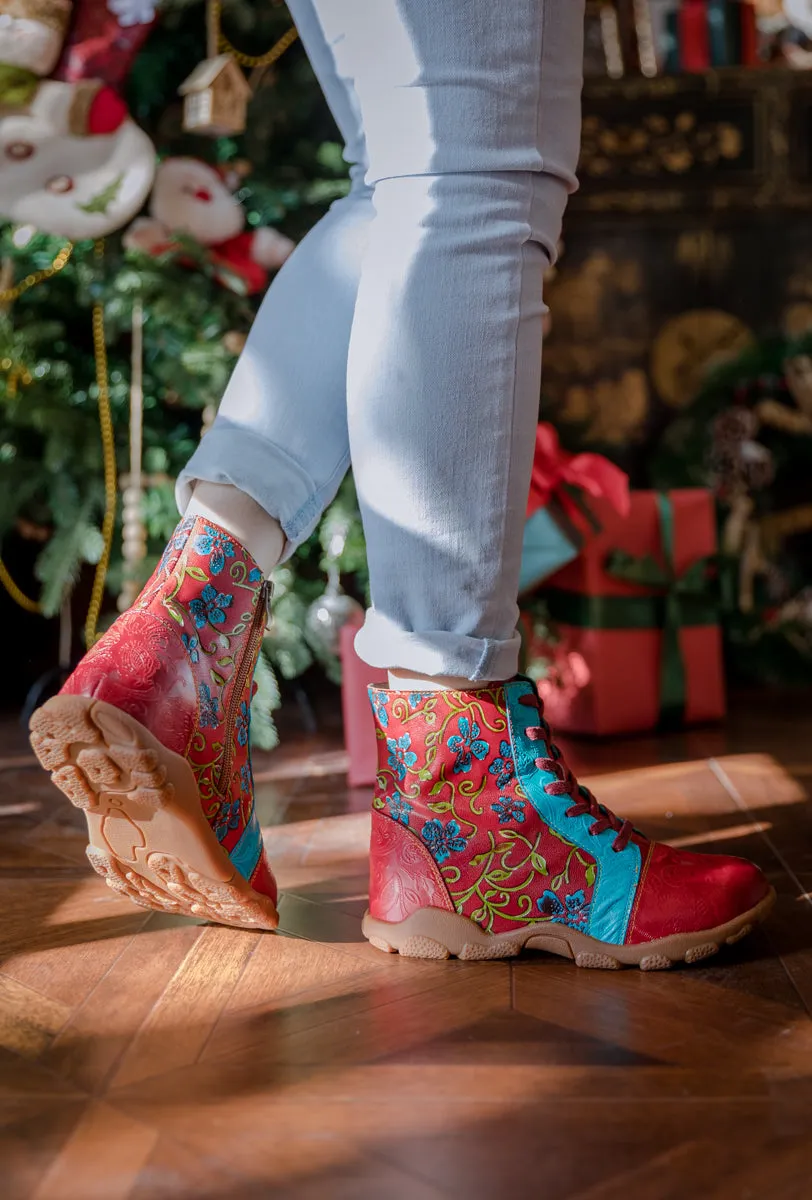 Swirl Floral Embossed Lace Up Leather Combat Boot