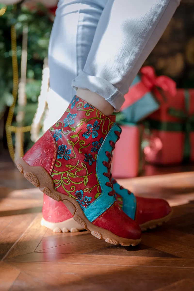 Swirl Floral Embossed Lace Up Leather Combat Boot