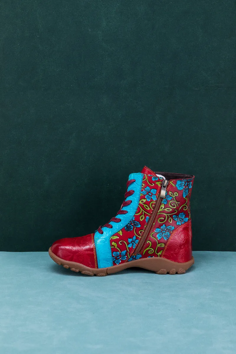 Swirl Floral Embossed Lace Up Leather Combat Boot