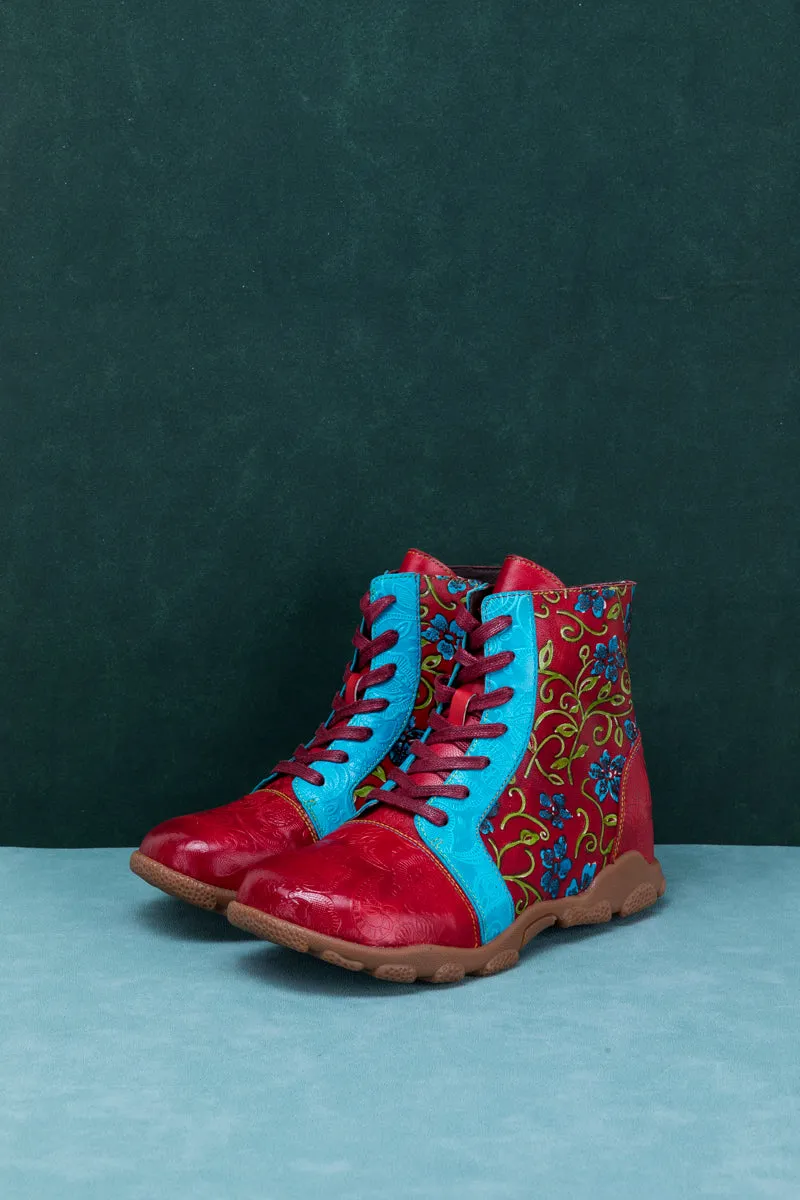 Swirl Floral Embossed Lace Up Leather Combat Boot