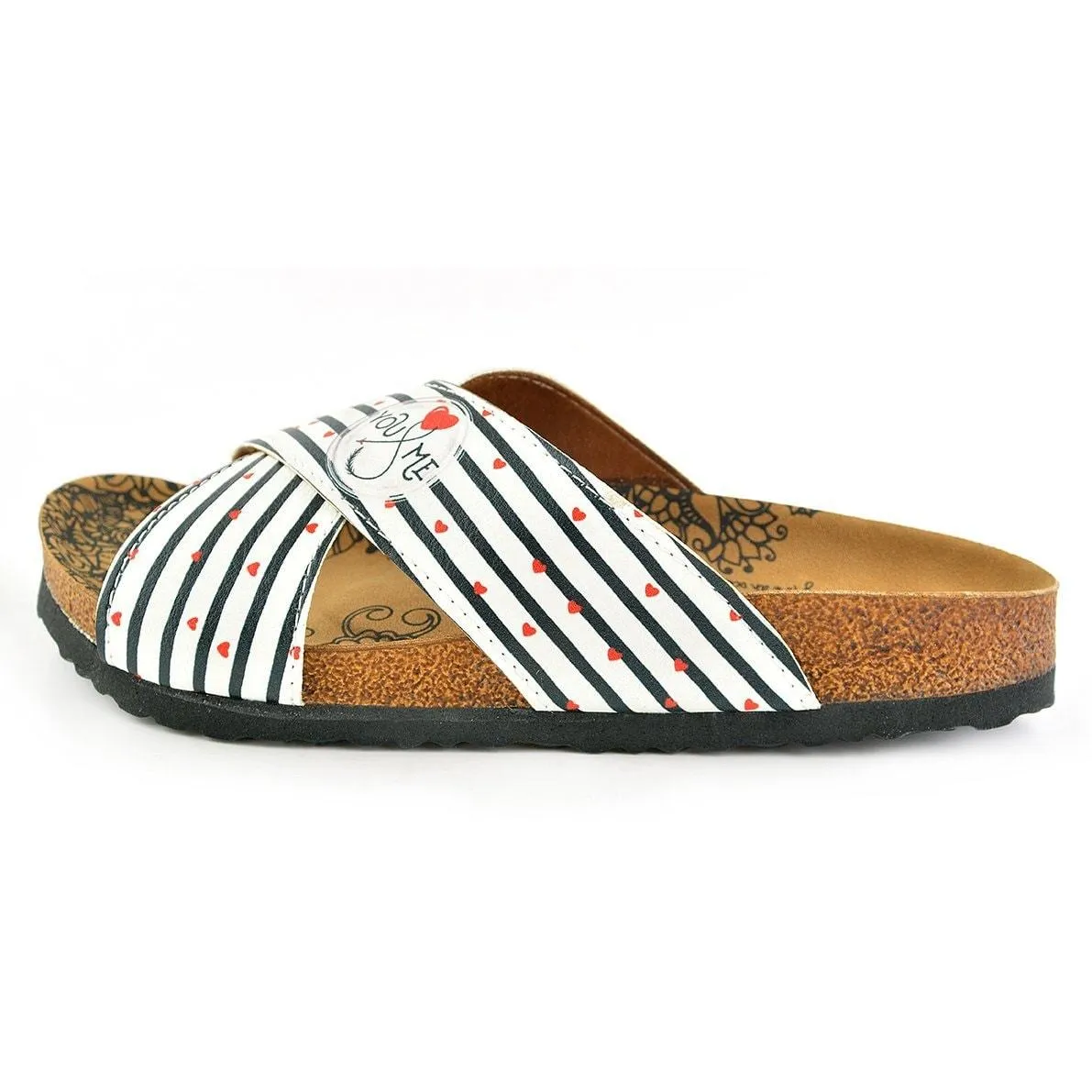 White and Black Stripes and Red Heart, You and Me, Patterned Sandal - CAL1109