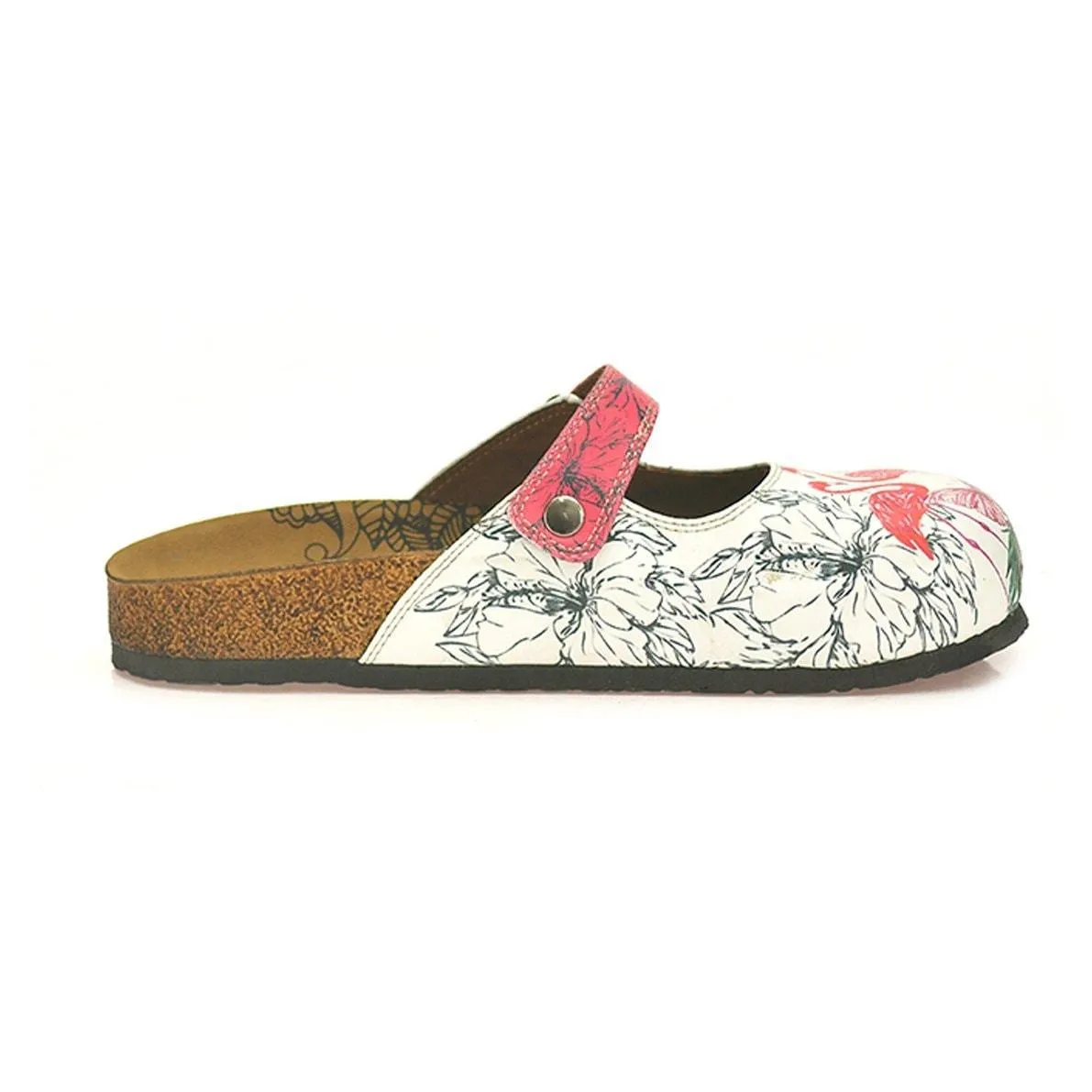 White and Pink Colored Flowered, Butterflied and Red Flamingo Patterned Clogs - CAL806