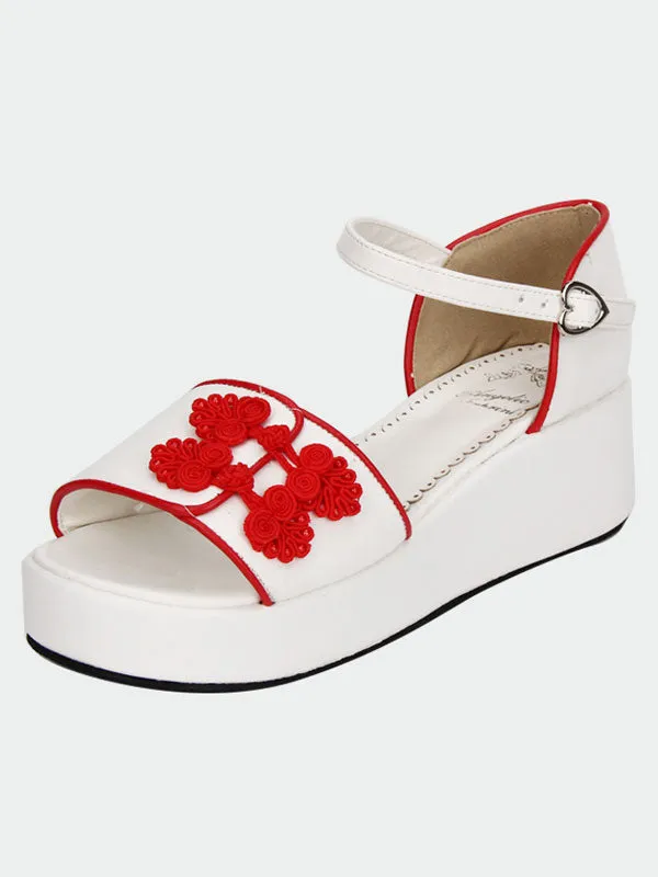 White Qi Lolita Sandals Platform Red Chinese Style Buttons
