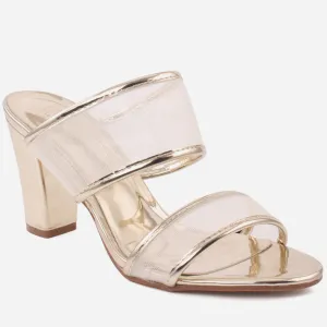 Women "DELPHINE" Shiny Dual Net Strap Slide Block Heel Sandals