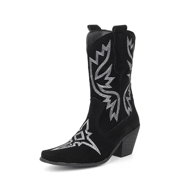 Women's Embroider Square Toe Block Heel Mid Calf Western Boots